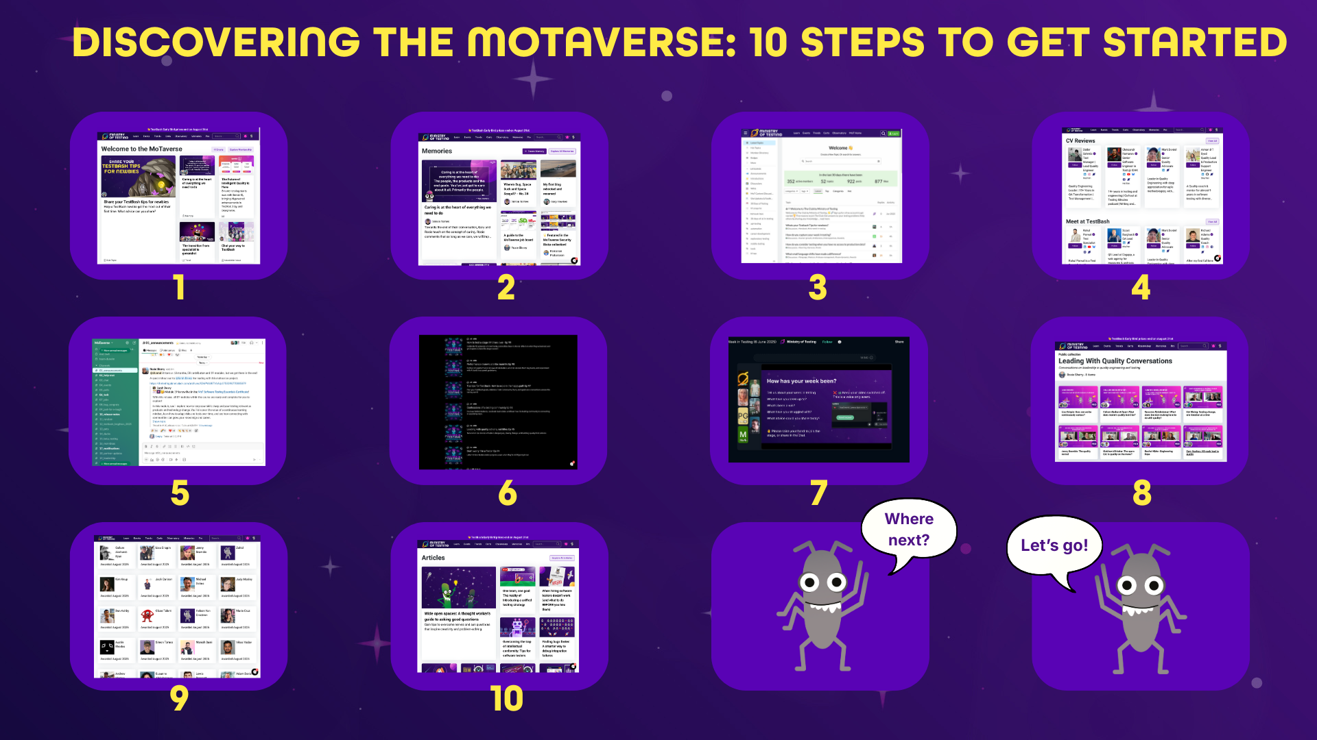 The image shows a "10 Steps to Get Started" guide for something called "The MoTaverse." The guide consists of ten numbered screenshots of a website or application, displayed in two rows of five. Below these screenshots are two cartoon-like characters, one asking "Where next?" and the other responding "Let's go!".