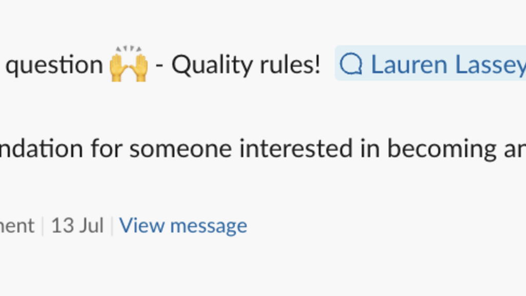A screenshot of a message sent in slack. The message says "Don't you just love the power of one question :raised_hand... image