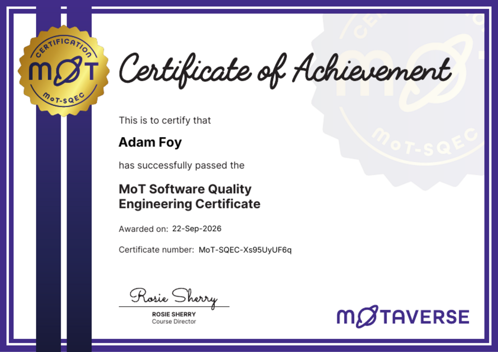 MoT Software Quality Engineering Certificate image