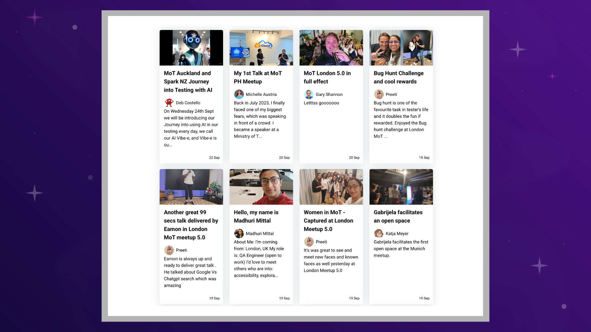 A website page showing a grid of eight different events and meetups, each with a title, short description, and an image of the speakers or attendees. A bug, a seagull and a duck character have been hidden in the image. 