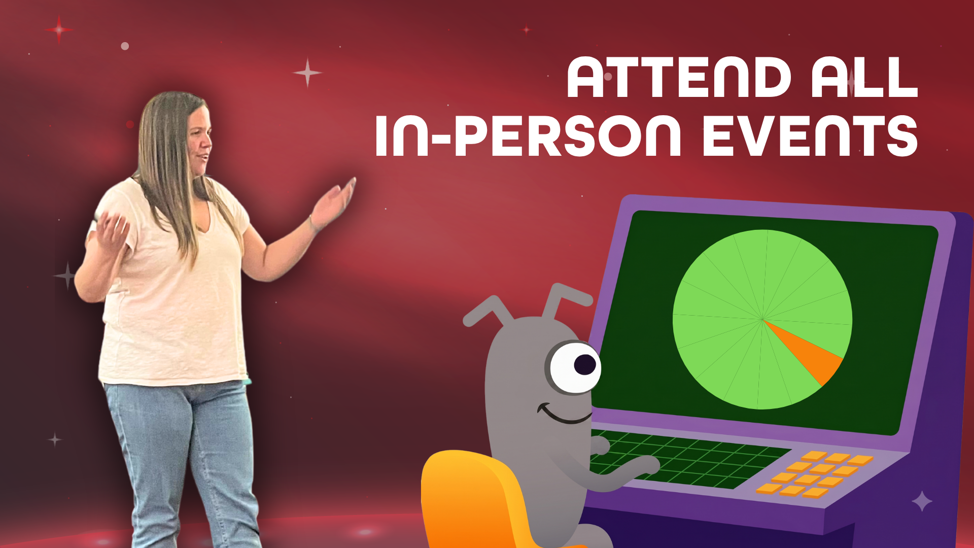 A woman stands with arms outstretched to the left of the text "ATTEND ALL IN-PERSON EVENTS" set against a red backgro... image