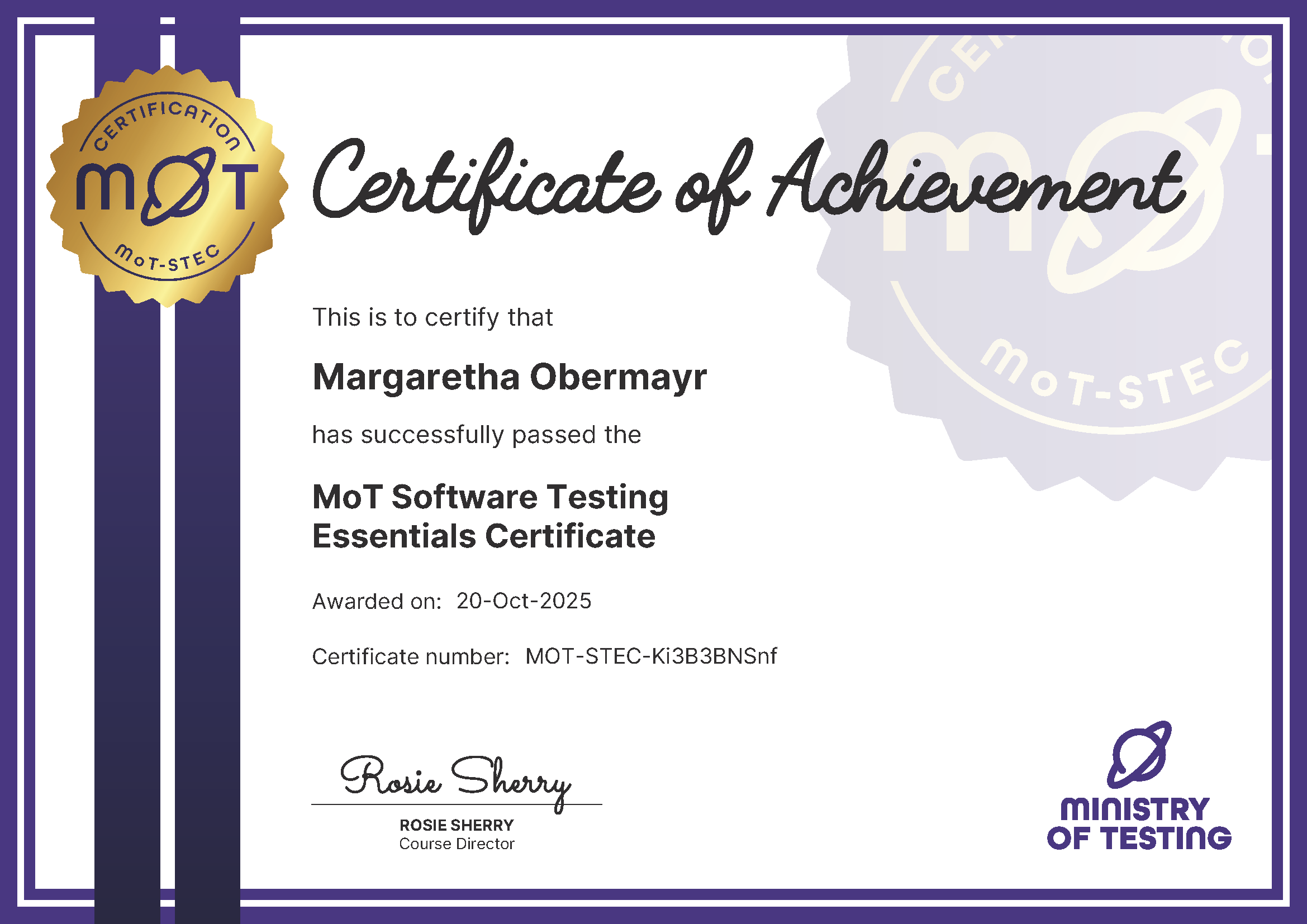 MoT Software Testing Essentials Certificate certificate awarded to Margaretha Obermayr