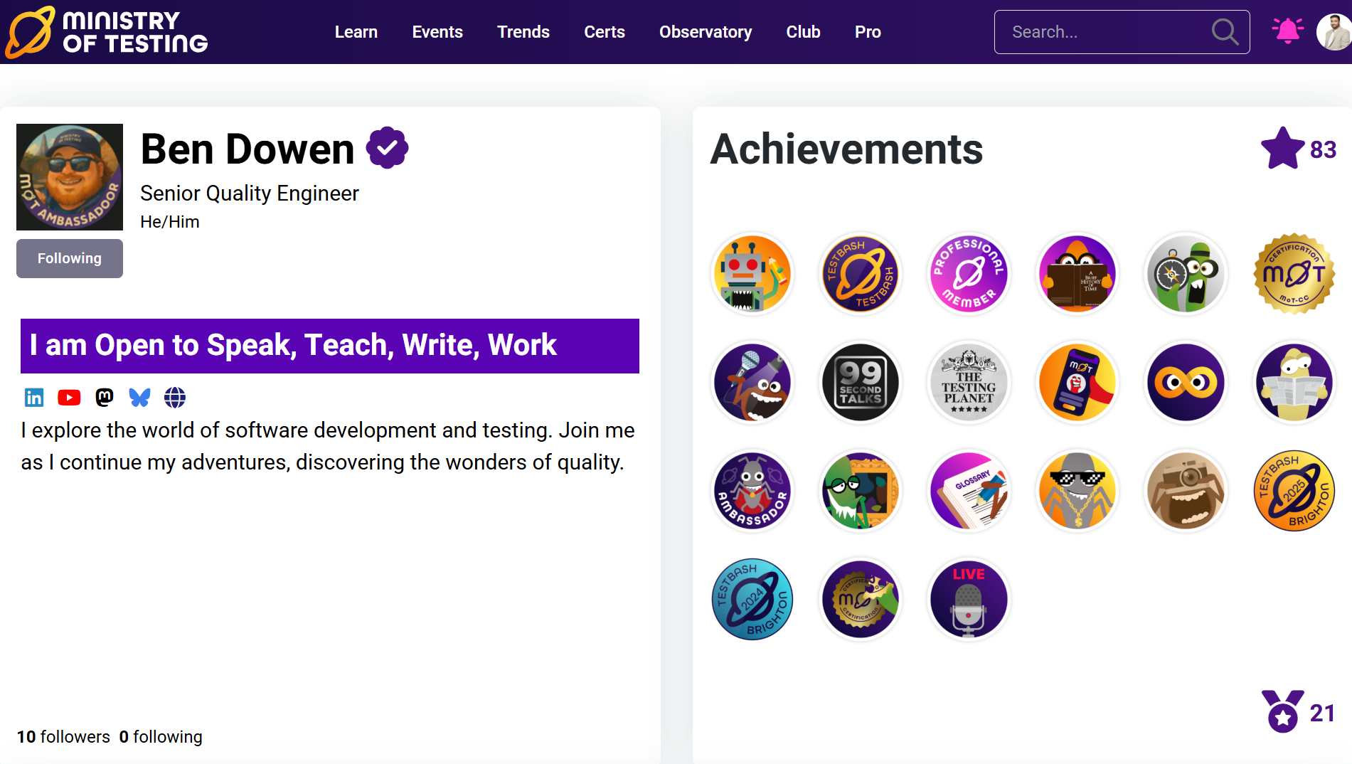 The Ministry of Testing profile of Ben Dowen, a senior quality engineer with a verified badge.