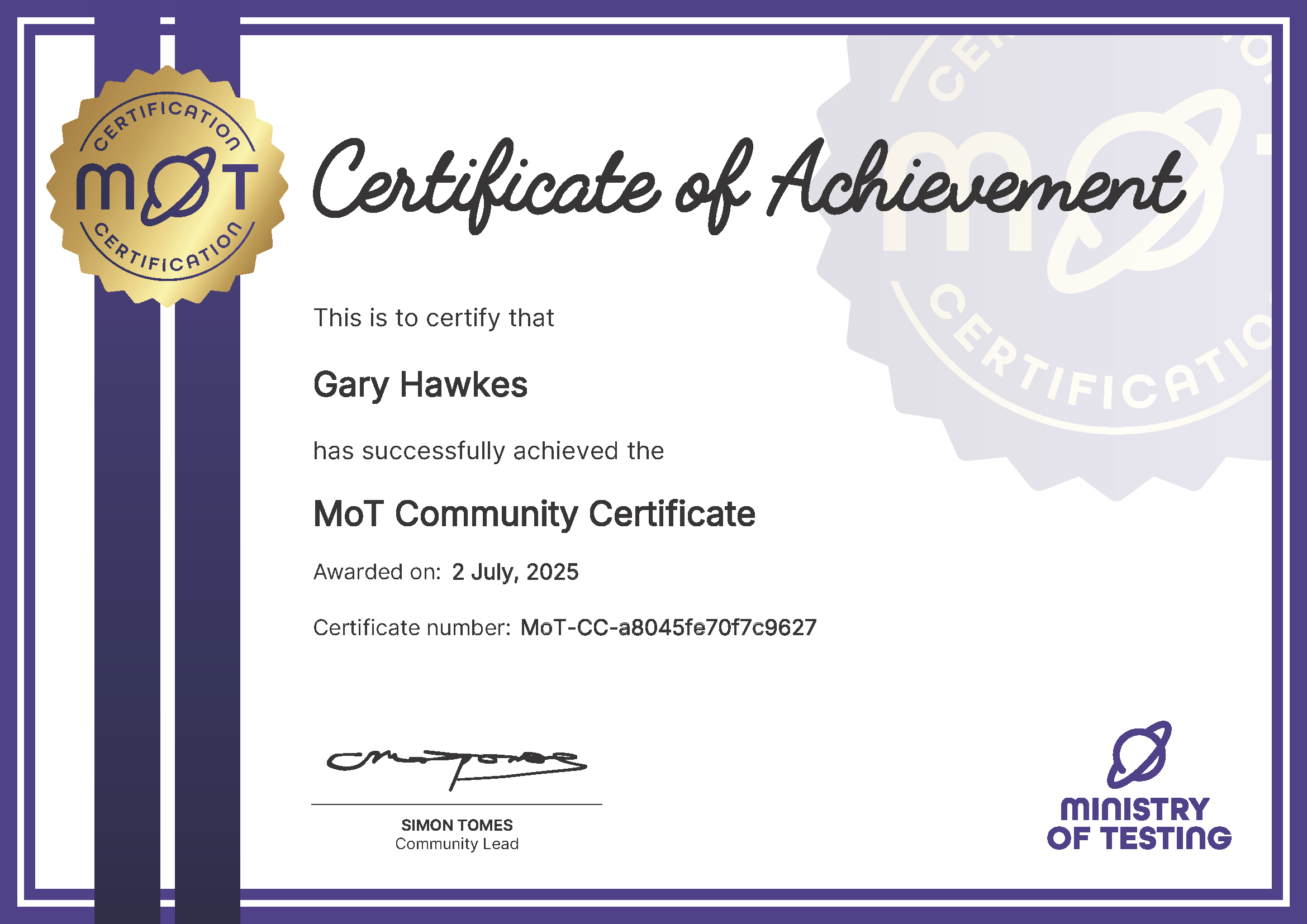 MoT Community Certificate certificate awarded to Gary Hawkes