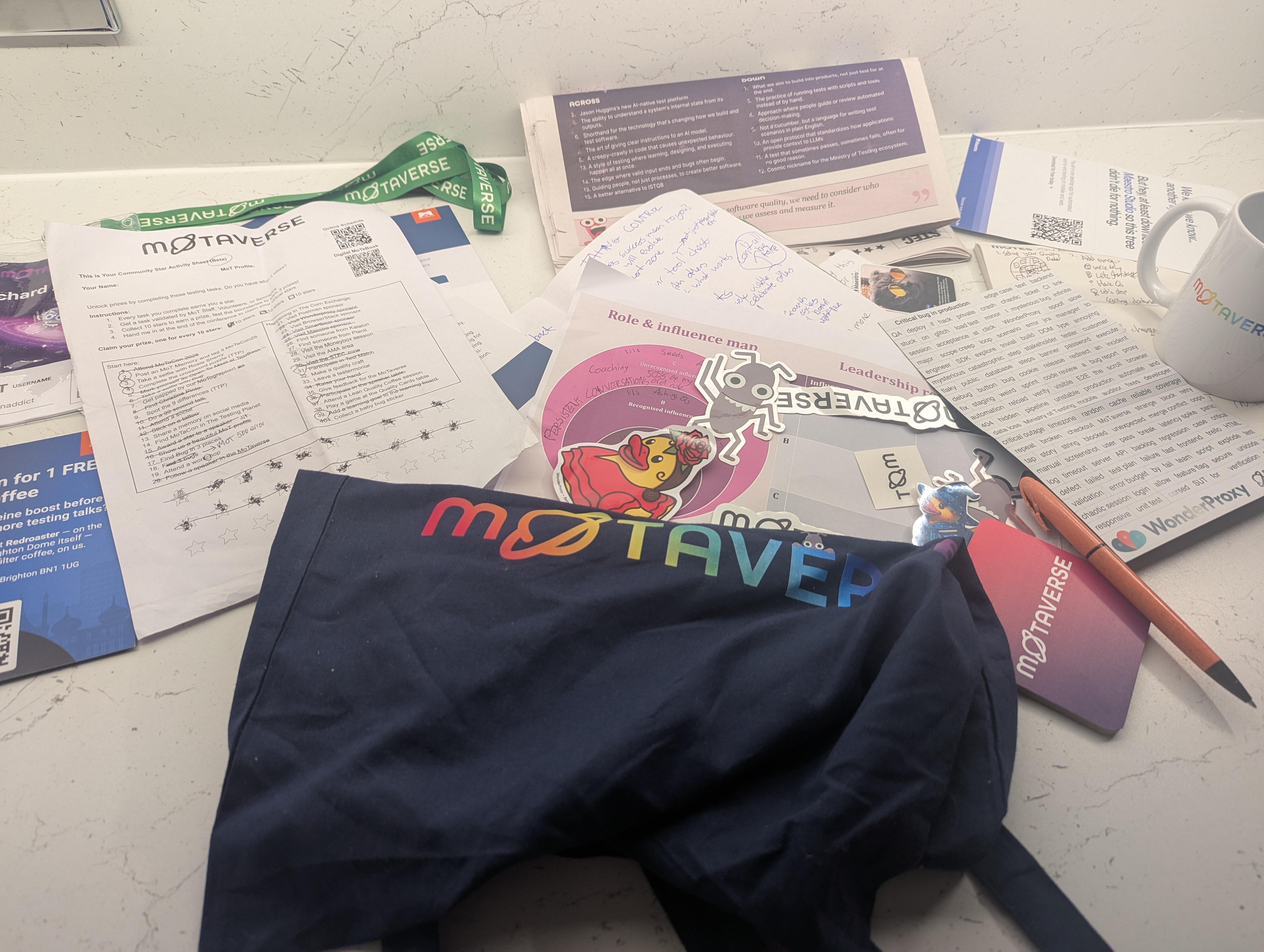 A photo of some swag, notes and leaflets on a countertop.