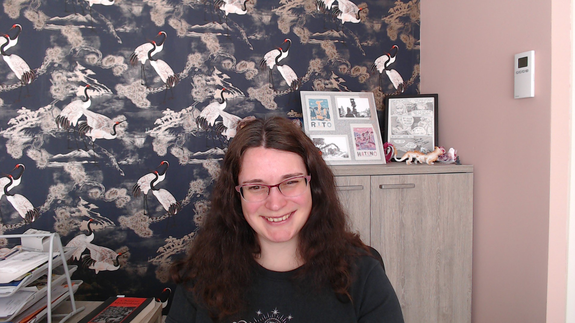 A person sitting at their desk, grinning widely.  image