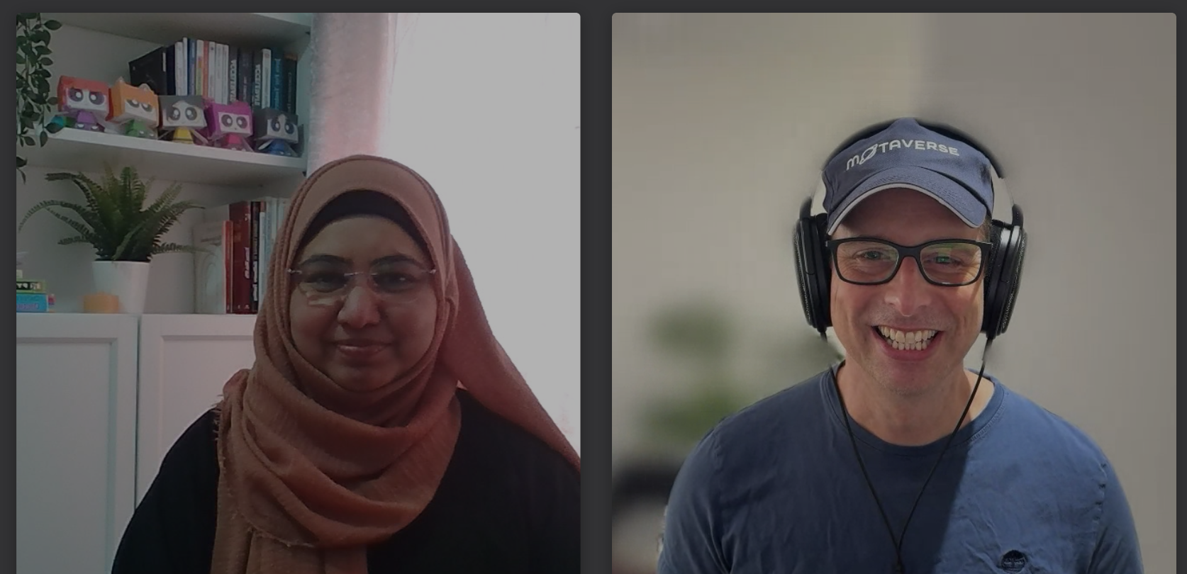Two people in a split-screen video call setup, recording a conversation. One is seated in front of a bookshelf, the o... image