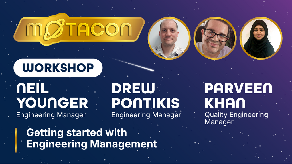 Event graphic for a MoTaCon Workshop titled "Getting started with Engineering Management." Against a dark blue, starr... image