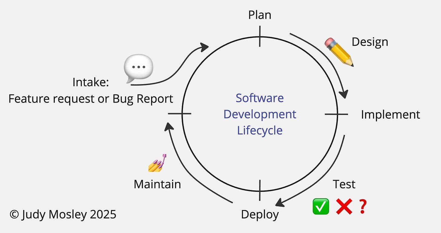 The Software Development Lifecyle in the view of a circular action. The points of the SDLC include Intake, Plan, Implement, Deploy and back to Intake. Inside those point, the author adds that between Plan and Implement is Design. Between Implement and Deploy, there is Test. Inbetween Deploy and Intake, there is Maintain.