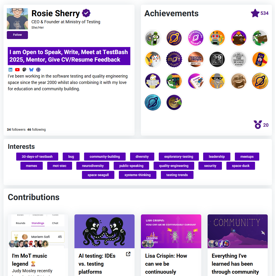 Rosie Sherry’s Ministry of Testing profile showing her role as CEO and founder, her openness to speak and write, and her long-standing commitment to testing, education, and community building. The profile highlights her 282 achievements, 20 medals, interests in topics like exploratory testing, diversity, public speaking, and systems thinking, as well as contributions including articles on quality coaching, PDF challenges, and the Glitch Gallery.