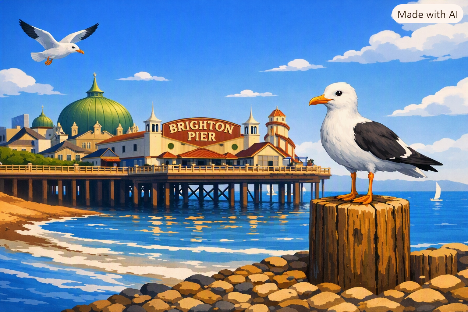 Artwork featuring a seagull on a brown wooden post in the foreground on an area of stones, behind is the sear and to ... image