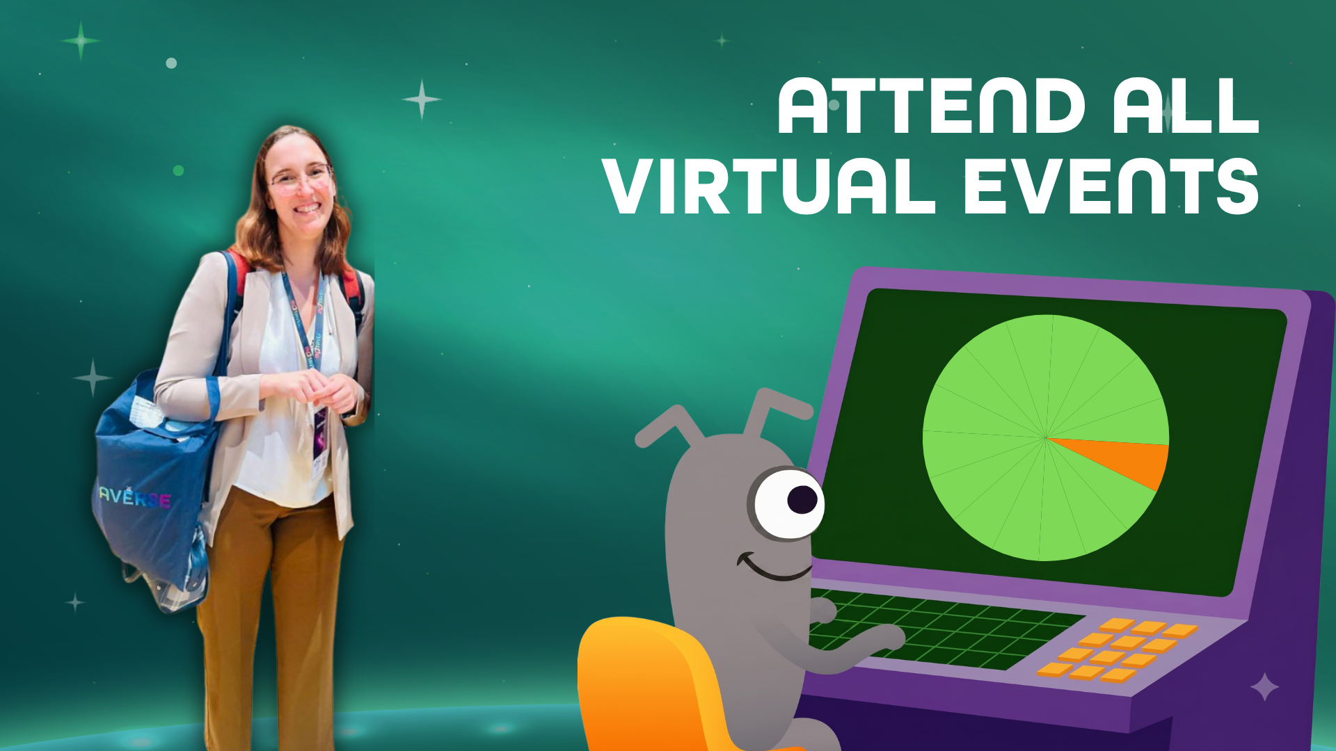 Promotional image set against a green starry space background. On the left, a smiling woman with glasses, wearing a b... image