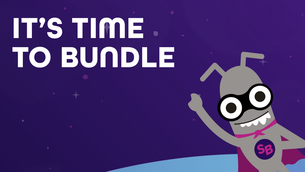 A grey, cartoon, bug-like mascot with a purple cape and black superhero mask smiles and points up next to the white text "IT'S TIME TO BUNDLE" on a starry, dark purple background. The mascot has a small pink scarf with the letters "SB" in a purple circle.