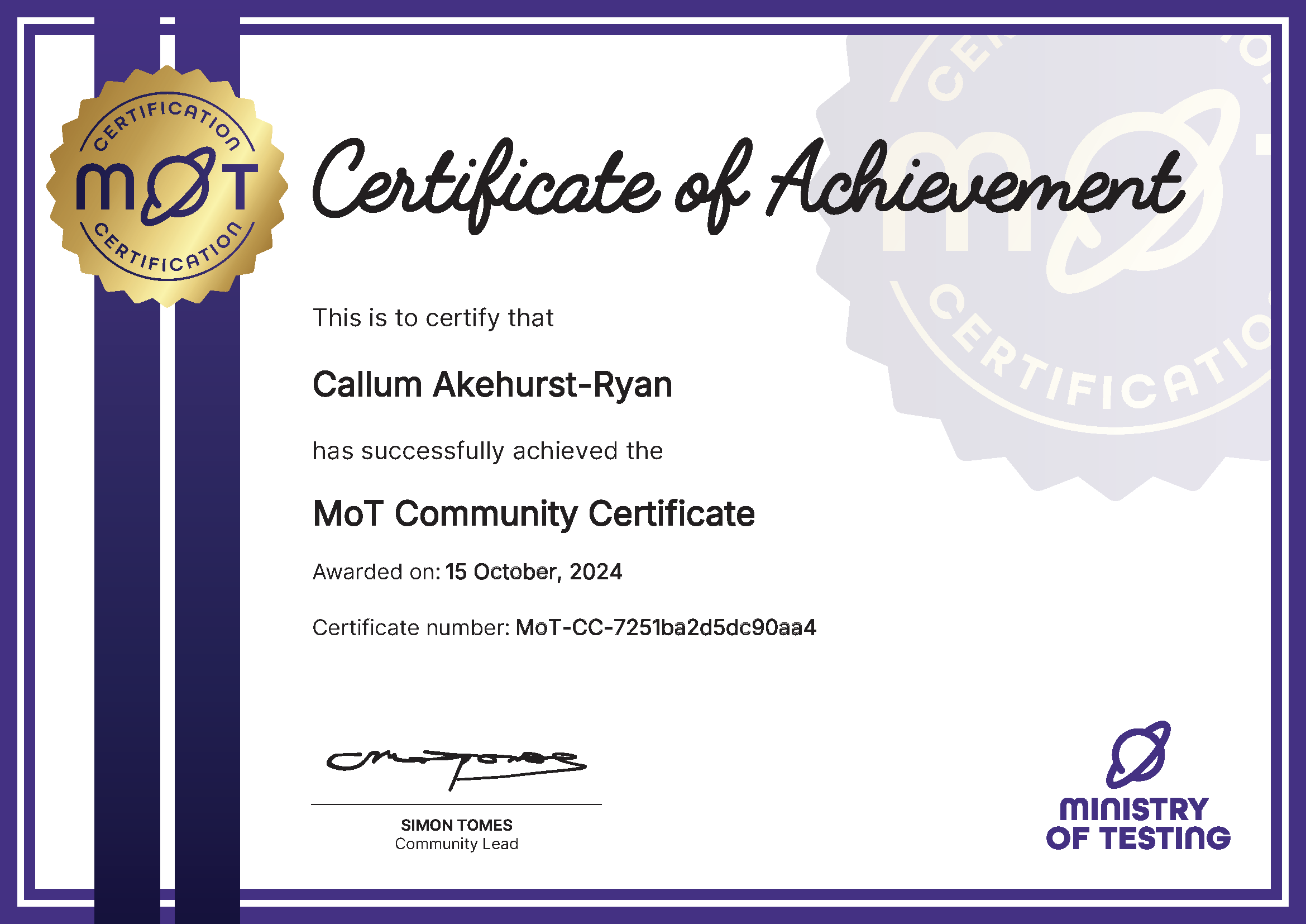 MoT Community Certificate certificate awarded to Callum Akehurst-Ryan