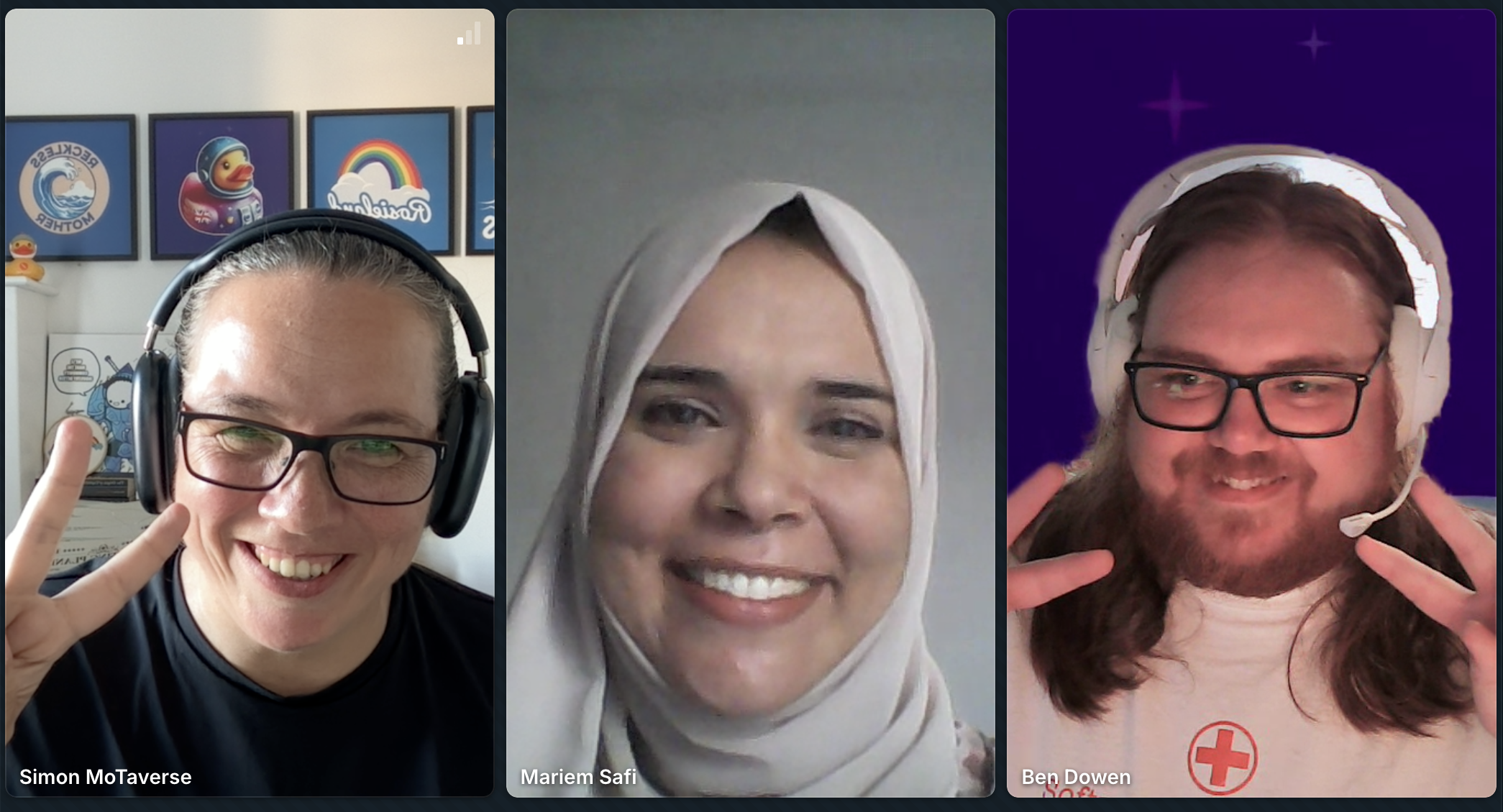 A screenshot of Rosie Sherry, Mariem SAFI and Ben Dowen all smiling for the shot.
