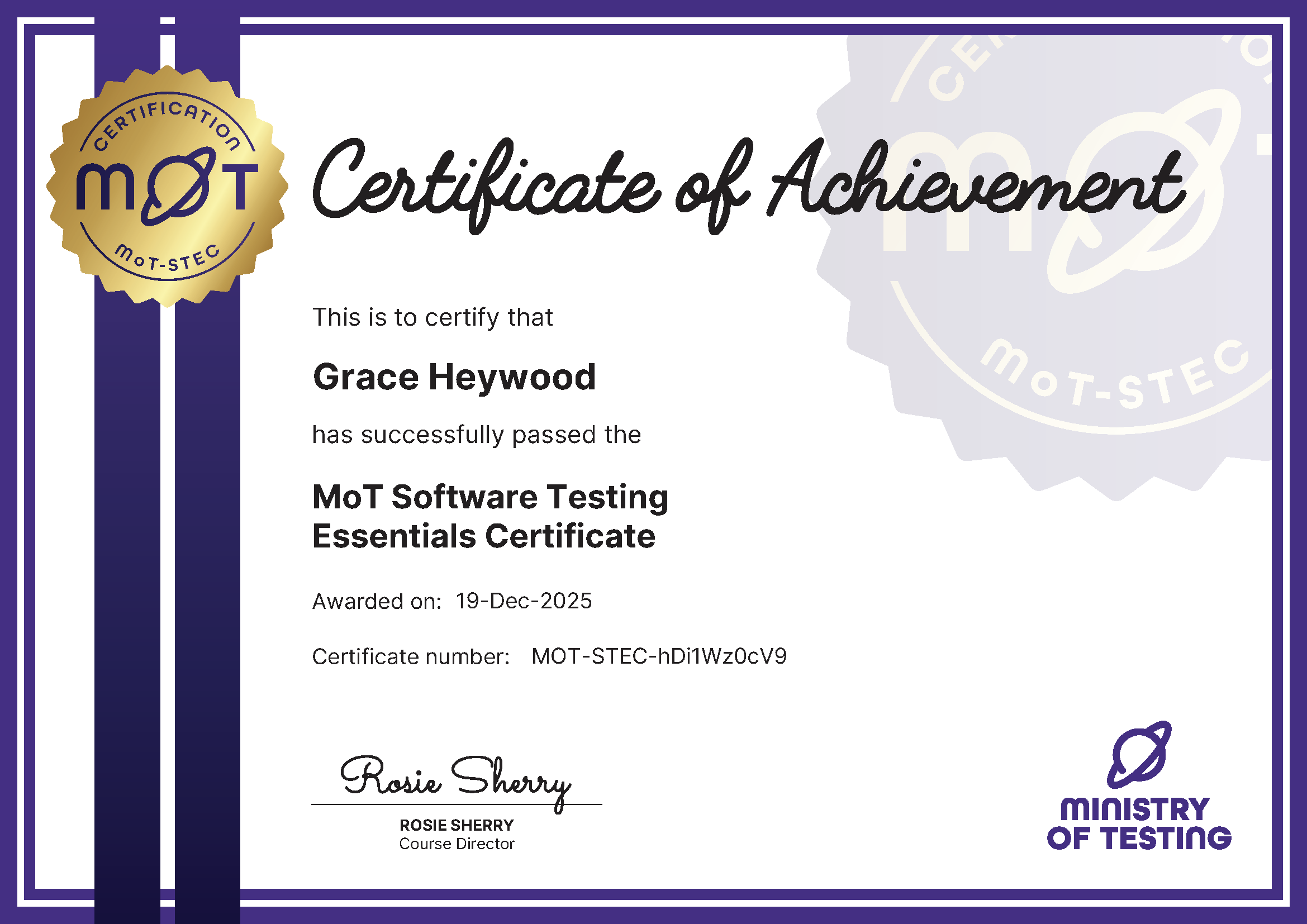 MoT Software Testing Essentials Certificate certificate awarded to Grace Heywood image