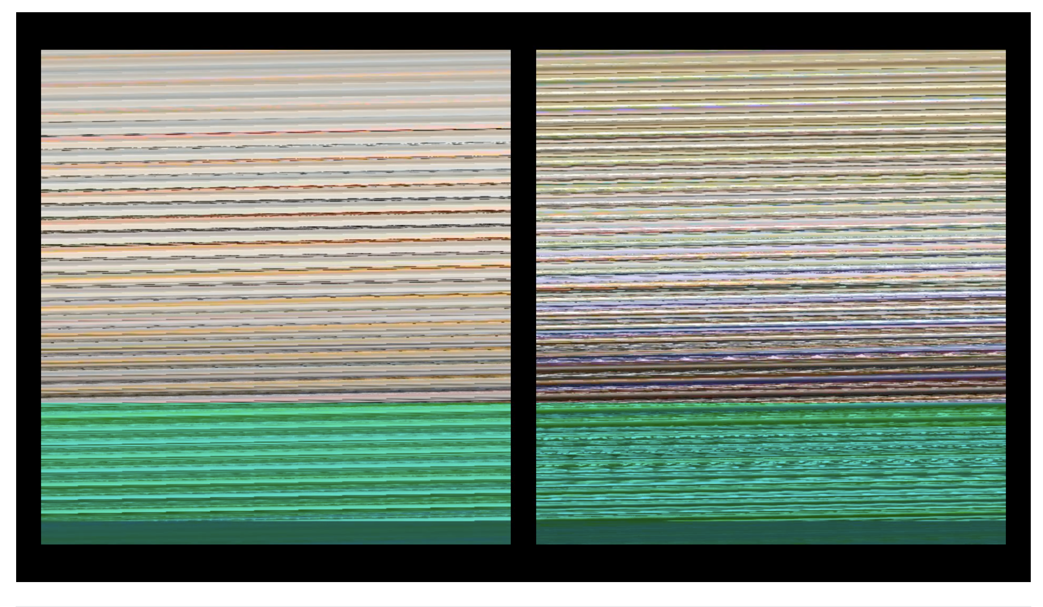 A side-by-side digital comparison of two highly pixel-stretched, glitched images with thick black borders. Both sides... image