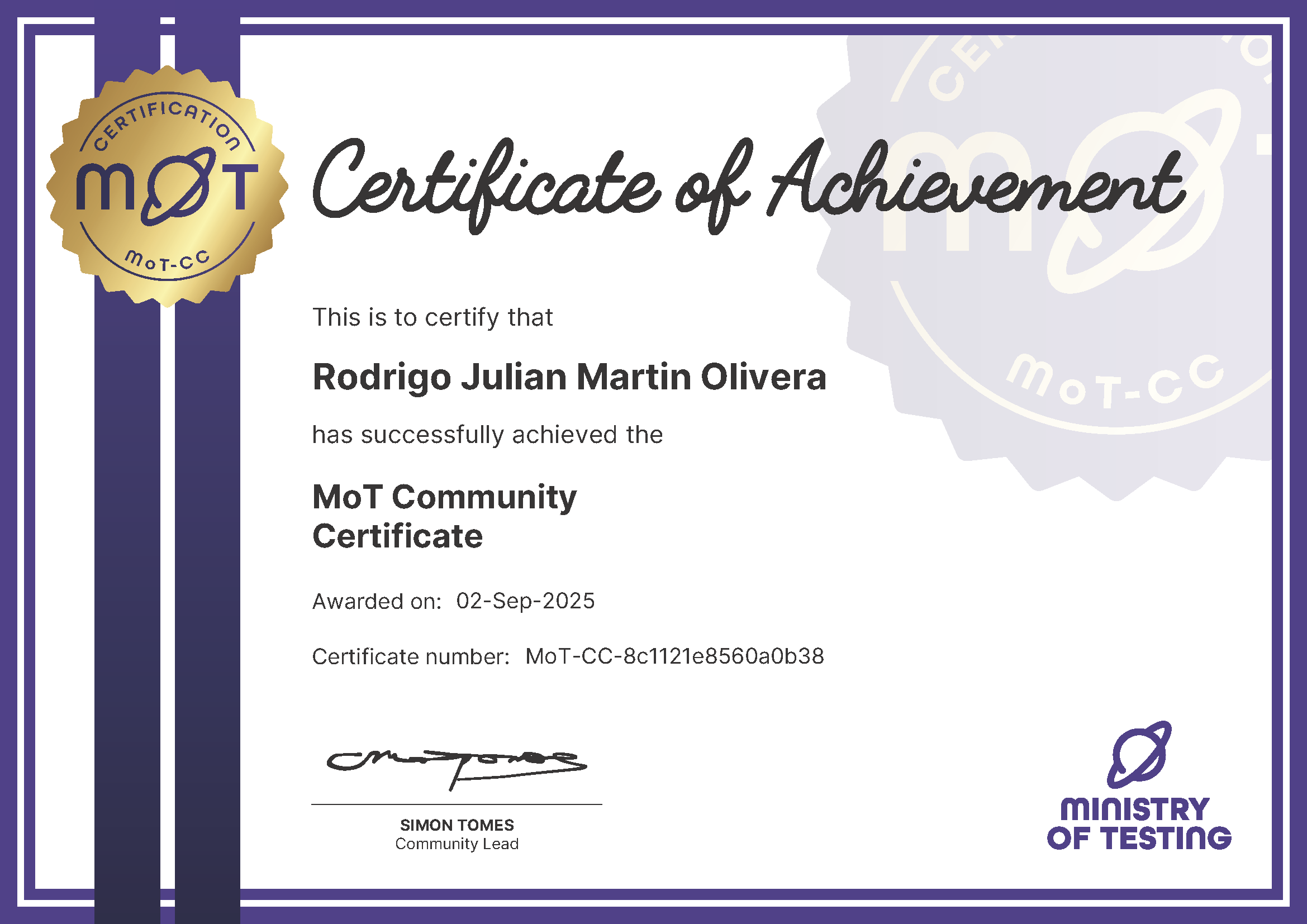 MoT Community Certificate certificate awarded to Rodrigo Julian Martin Olivera