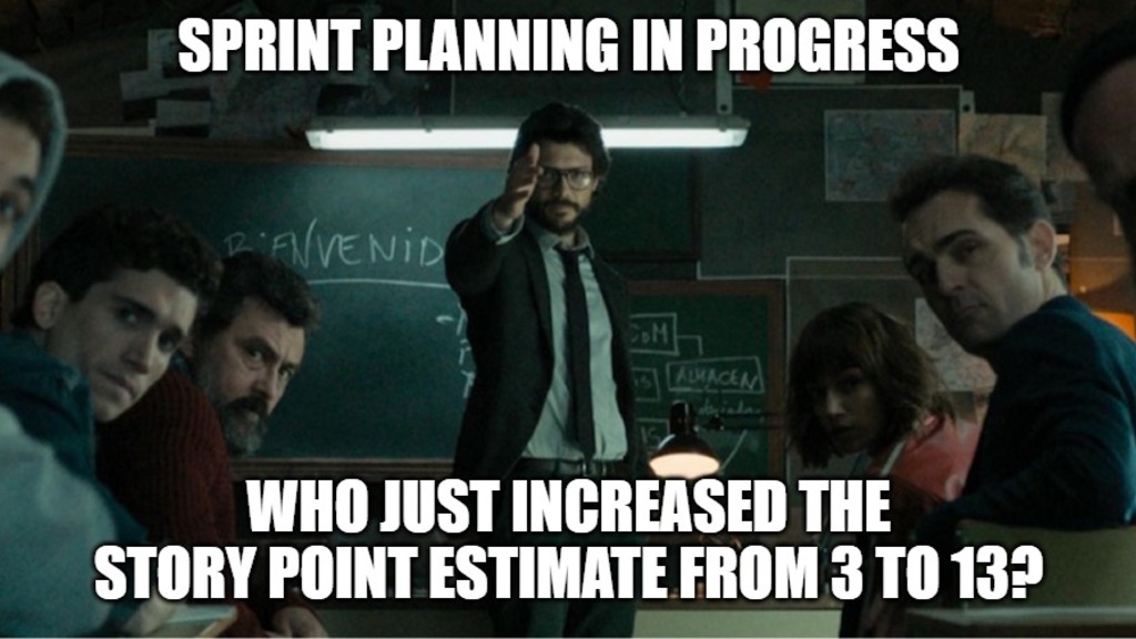 People looking surprised as someone asks: “Who just increased the story point estimate from 3 to 13?”