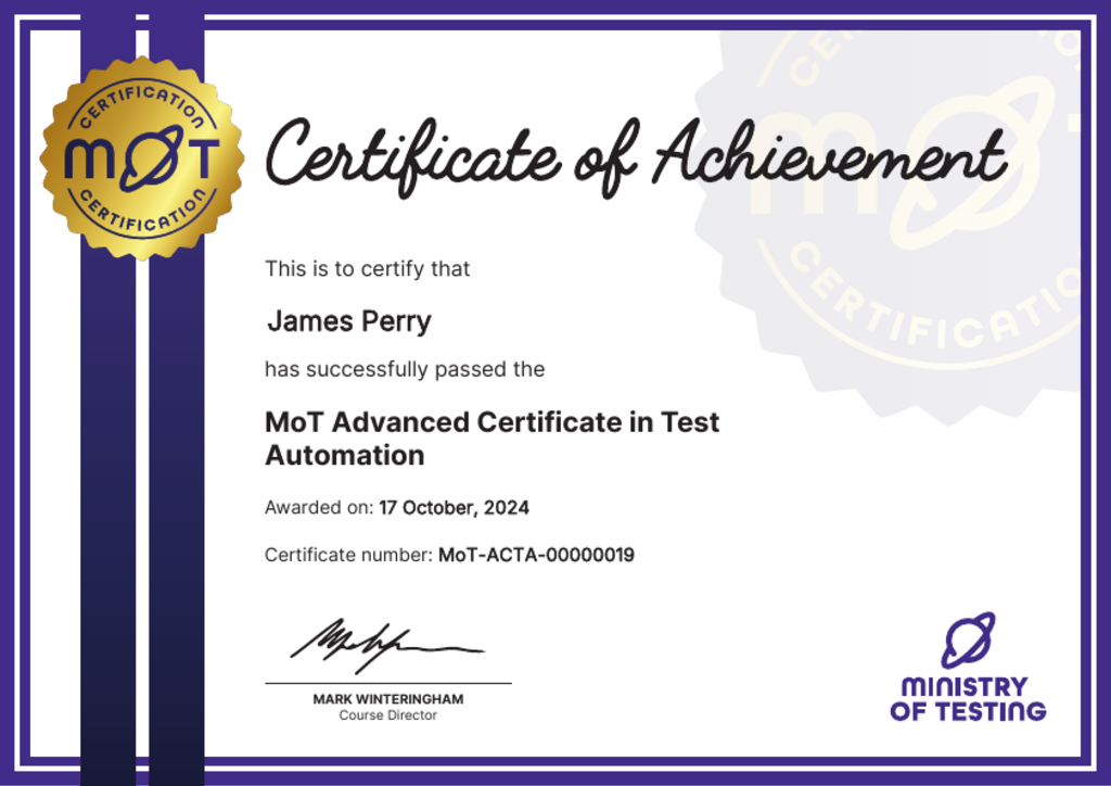 MoT Advanced Certificate in Test Automation certificate awarded to james perry image
