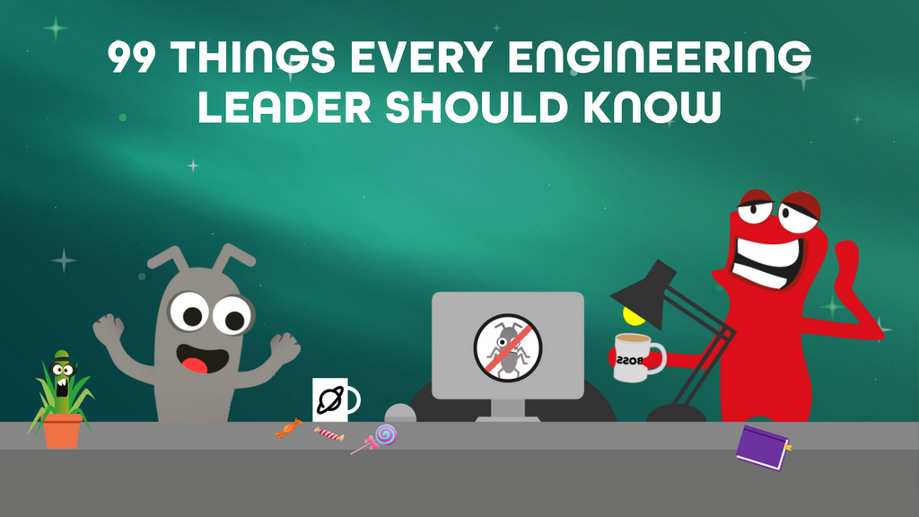 Illustration with a teal starry background showing the title '99 Things Every Engineering Leader Should Know.' Below ... image