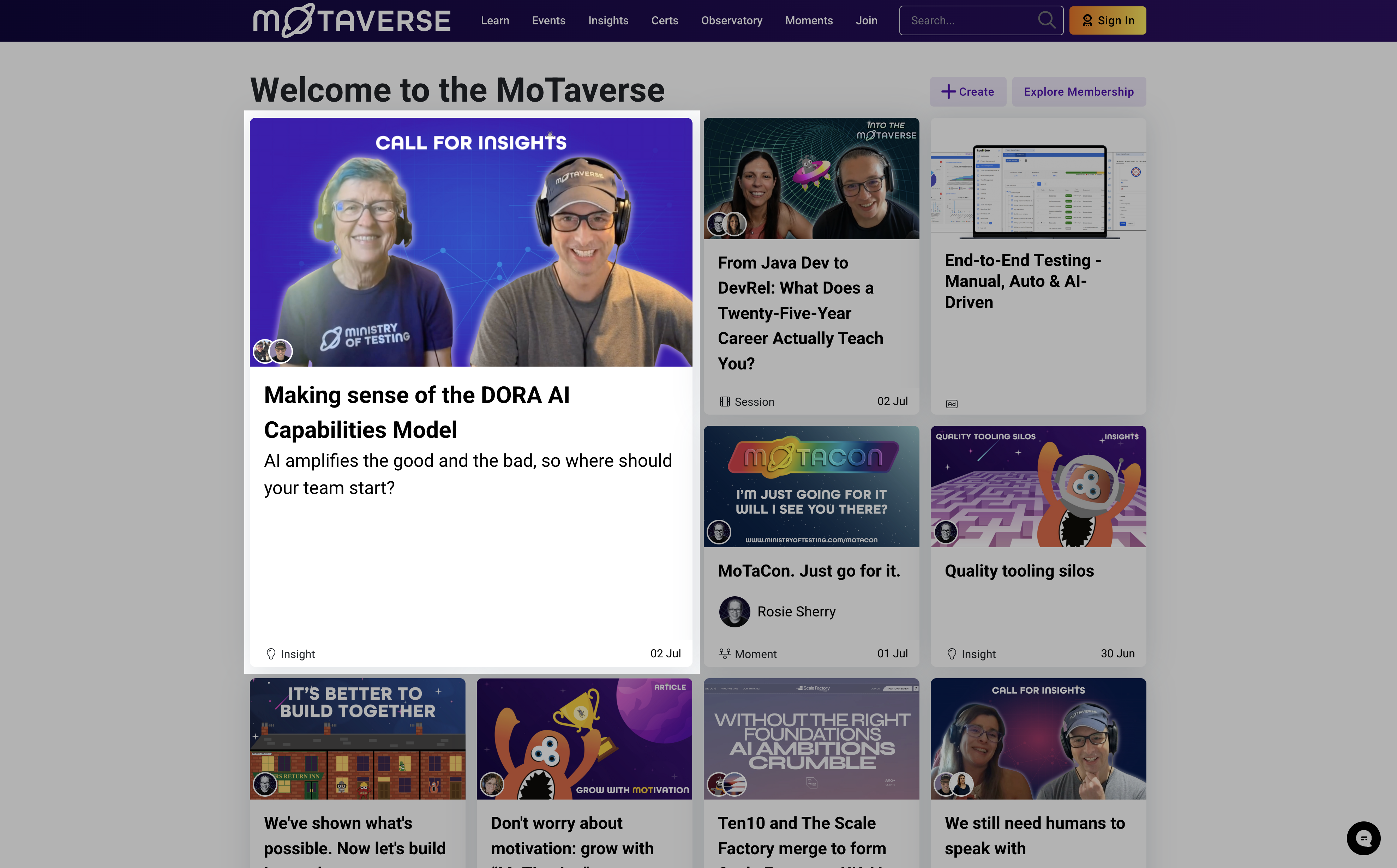 Screenshot of the MoTaverse website homepage, titled "Welcome to the MoTaverse." The page features a grid of content ... image