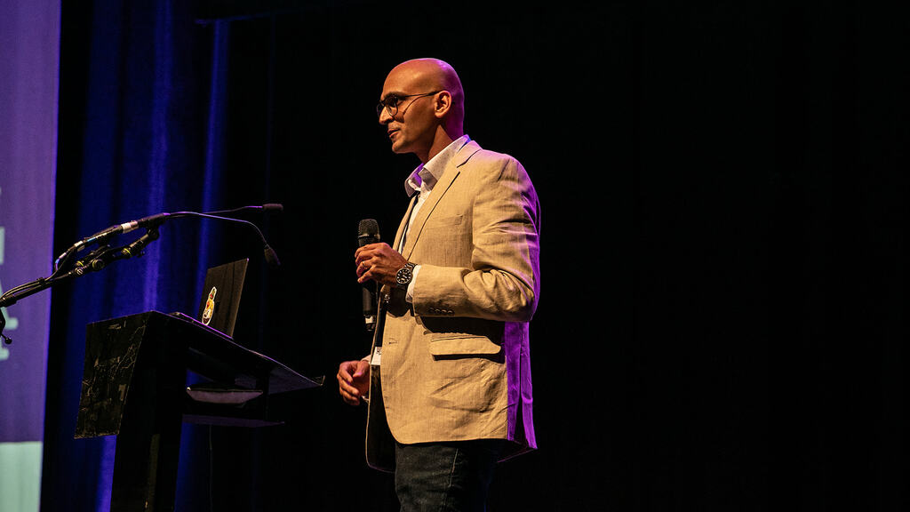 Neil Saldanha on the MoTaCon stage.