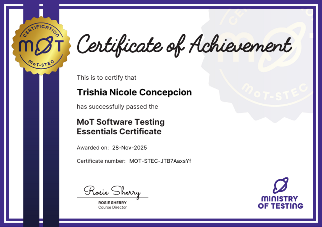 MoT Software Testing Essentials Certificate certificate awarded to Trishia Nicole Concepcion image