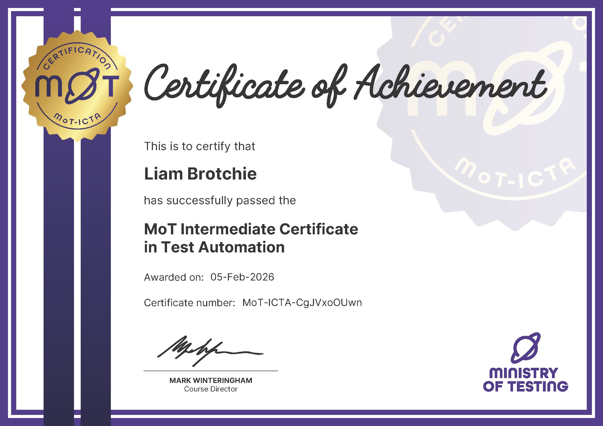 MoT Intermediate Certificate in Test Automation certificate awarded to Liam Brotchie image