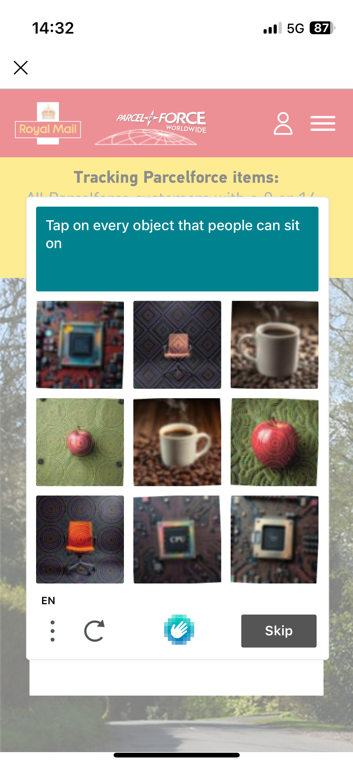 A CAPTCHA form titled "Tap on every object that people can sit on". There are 9 images. 2 chairs, 2 cups of hot liquid, 2 apples and 3 images of microchips. 