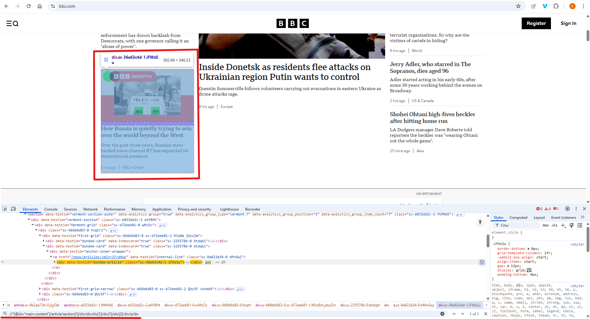 The BBC website home page with the developer tools panel open. The news card is highighted and the absolute path of the news card is displayed within the HTML. 