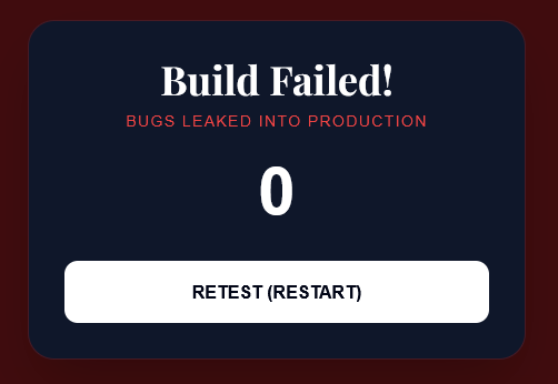 Screenshot of Rahul's vibe-coded bug catching game that shows "Build Failed!" and "zero bugs leaked into production" image