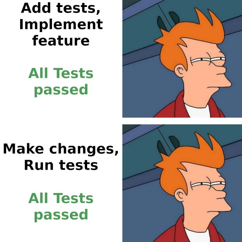 A two-panel Futurama Fry squinting meme. In the top panel, the text reads 'Add tests, Implement feature' followed by 'All Tests passed' in green. In the bottom panel, it shows 'Make changes, Run tests' followed by 'All Tests passed' in green. In both panels, Fry has a suspicious, skeptical expression, implying distrust of the consistently passing tests despite code changes.