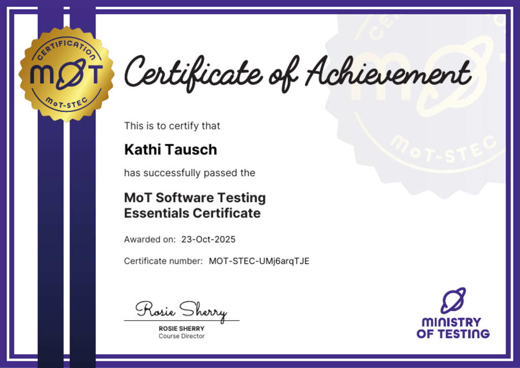 MoT Software Testing Essentials Certificate certificate awarded to Kathi Tausch image