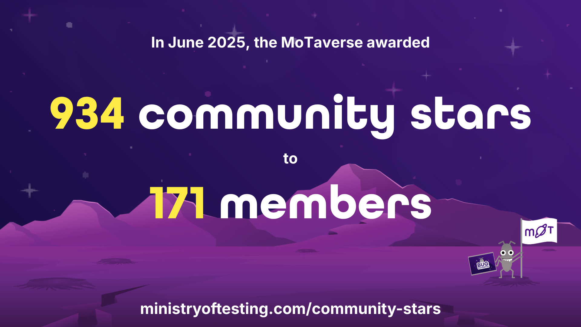 The image shows a graphic stating "In June 2025, the MoTaverse awarded 934 community stars to 171 members" It features a purple background with stylized mountains or hills in the foreground and stars scattered around. In the bottom right corner, there's a small cartoon figure holding a flag with &quot;MoT&quot; on it and a gift card that says &quot;BUG CONGRATS.&quot; Below the main text, the website &quot;ministryoftesting.com/community-stars&quot; is displayed.
