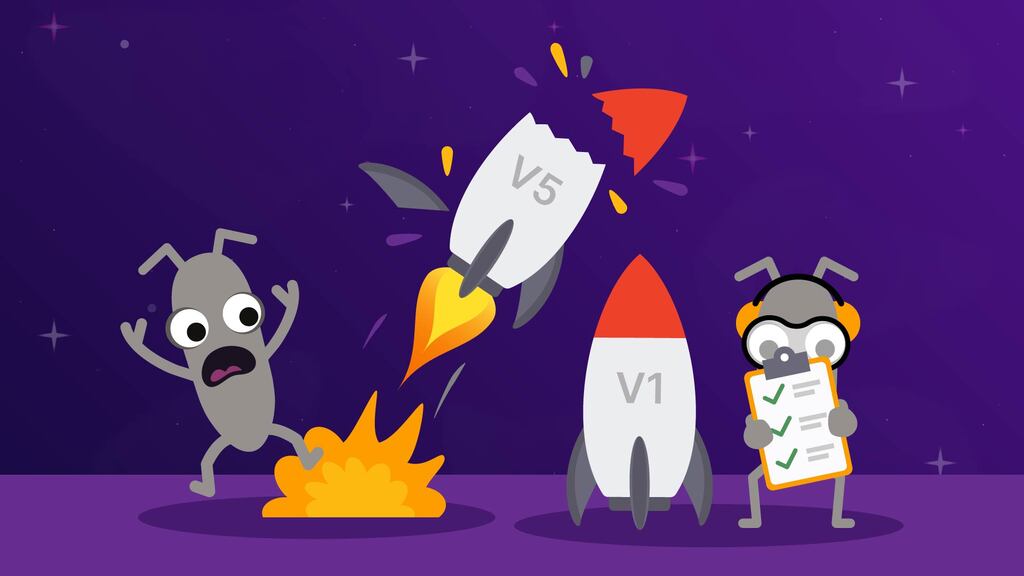A humorous illustration showing the difference between a failing product launch and a successful one. On the left, a gray, cartoon bug creature with antennae is running away in panic from a small fire and a broken rocket labeled "V5" that is exploding in the air. The V5 rocket is white with a broken red nose cone, shooting upward with yellow and orange flames. On the right, another gray cartoon bug creature, wearing orange headphones, stands confidently holding a clipboard with green checkmarks next to a clean, intact rocket labeled "V1". The scene is set in a dark purple space with stars.