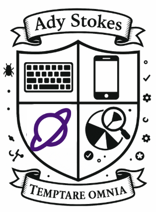 A shield with banners at the top and bottom. The top banner says Ady Stokes. In the four quarters of the shield are a keyboard, a mobile phone, a pie chart with a magnifying glass inspecting and the Ministry of Testing Planet logo. Everything is black and white except the purple planet. The bottom banner says Temptare Omnia. 