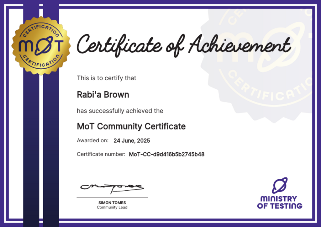 MoT Community Certificate certificate awarded to Rabi'a Brown image