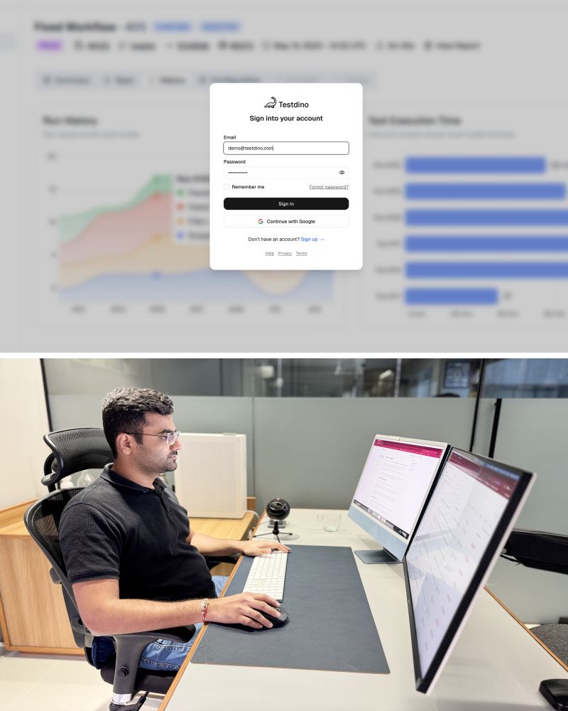 TestDino dashboard showing AI-classified test failures with confidence scores for bug detection and flaky test identification.
TestDino analytics interface displaying test execution trends, failure patterns, and flaky test statistics for Playwright automation.
TestDino AI classification results showing actual bugs at 92% confidence and flaky tests at 87% confidence.
TestDino workflow diagram illustrating how AI analyzes Playwright test failures and categorizes them as bugs, UI changes, or flaky tests.