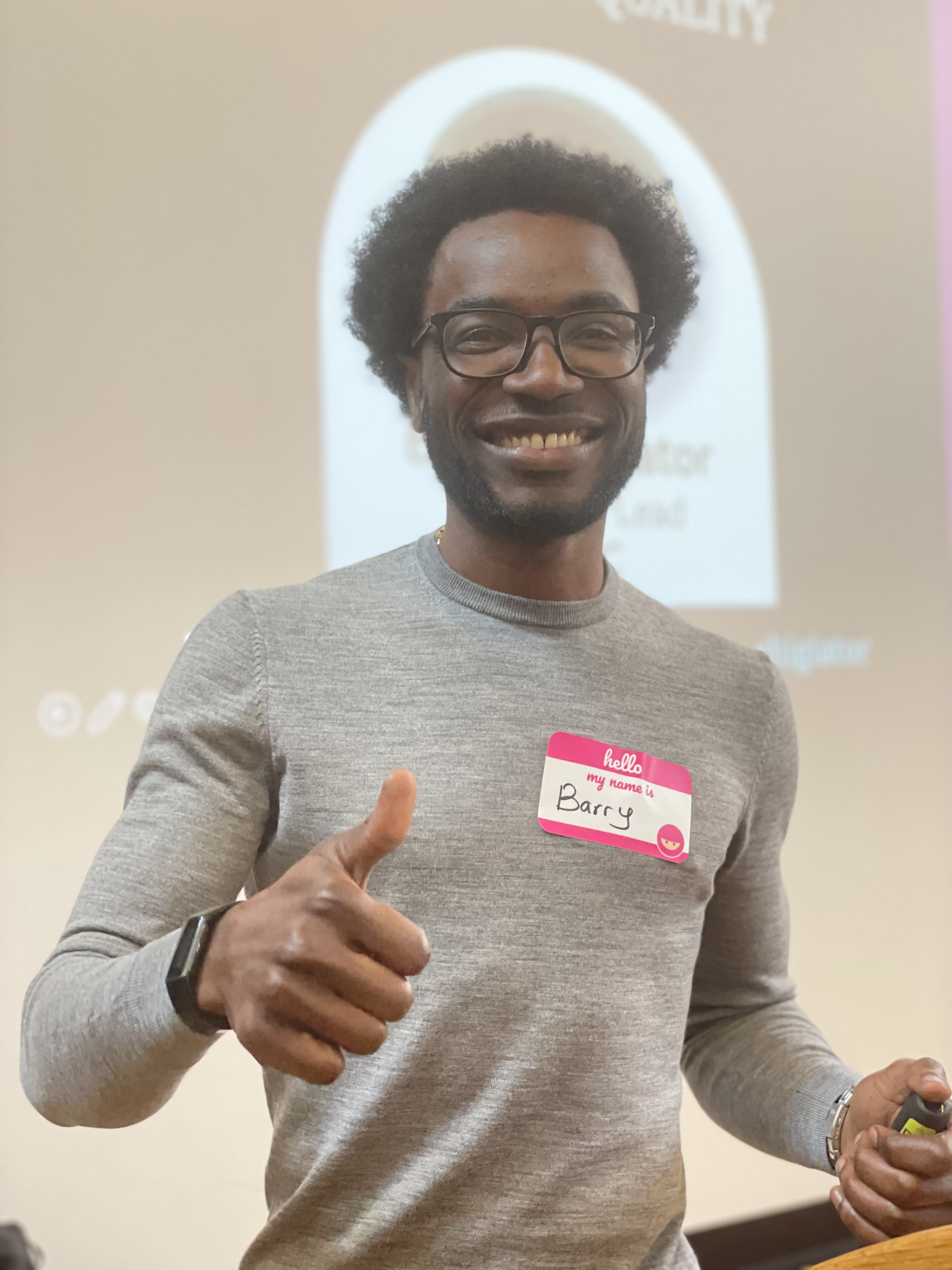 A photo of a smiling Barry with a thumbs up.