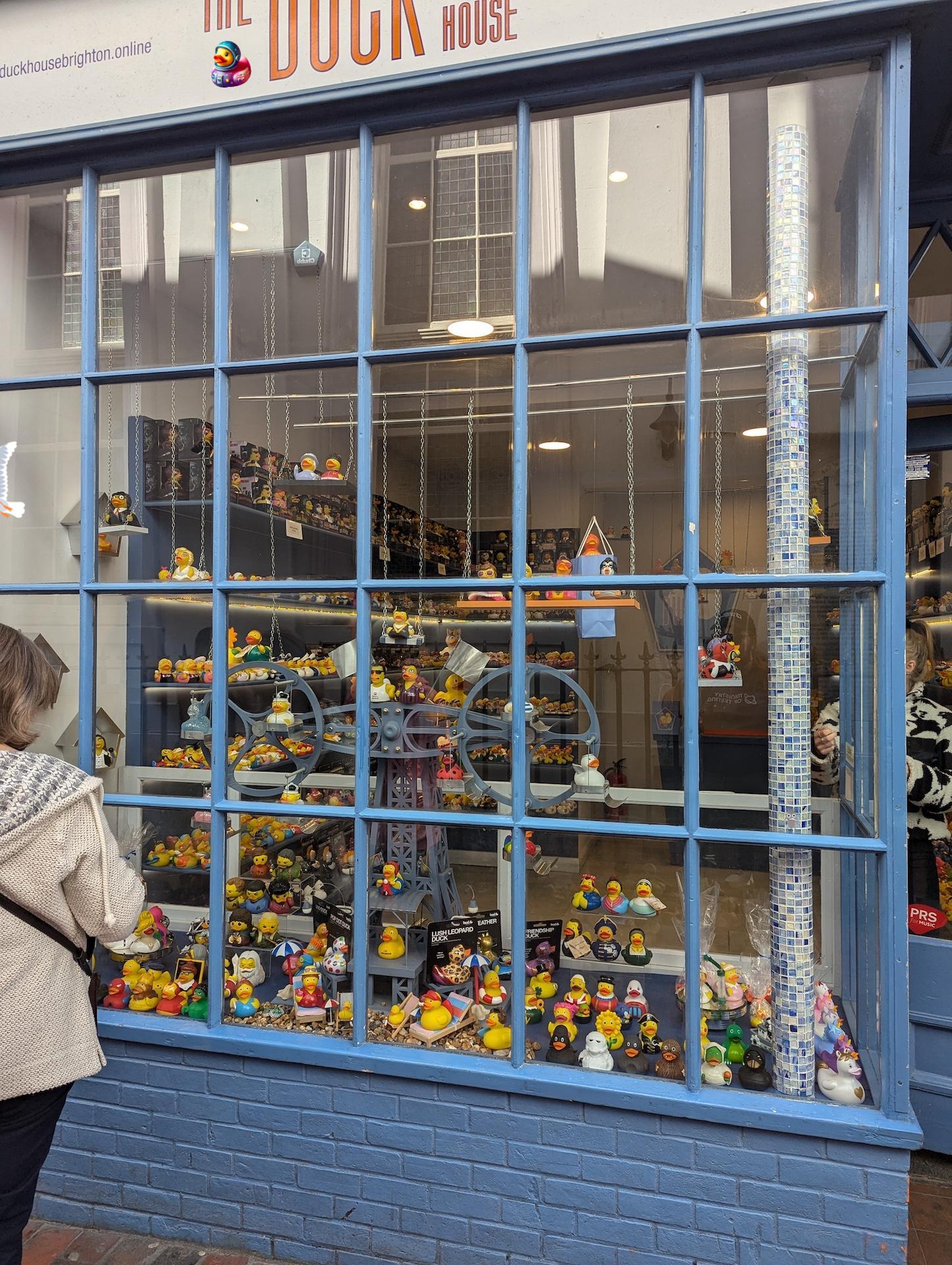 
A full exterior shot of "The Duck House" storefront, showcasing its large display window filled with hundreds of novelty rubber ducks. A person with brown hair and a cream-colored sweater is visible from the back on the left, looking into the window. The ducks are arranged on multiple shelves and platforms, varying in size, color, and theme, including ducks dressed as different characters or with various accessories. The building's facade is painted a muted blue, with white trim around the windowpanes. A narrow, vertically tiled column with a mosaic pattern is visible on the right side of the window. Part of the shop's name, "THE DUCK HOUSE," is visible at the top, along with the web address "duckhousebrighton.online." A bug, duck and seagull character have been added to the image. 