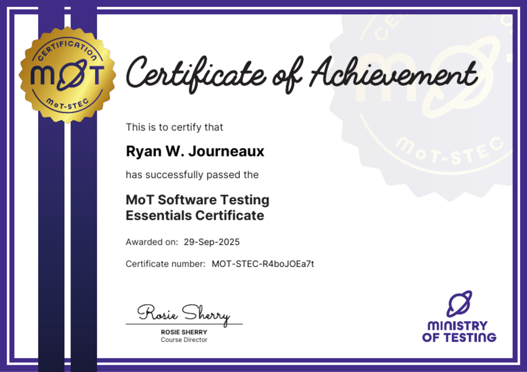 MoT Software Testing Essentials Certificate certificate awarded to Mr Ryan W Journeaux image