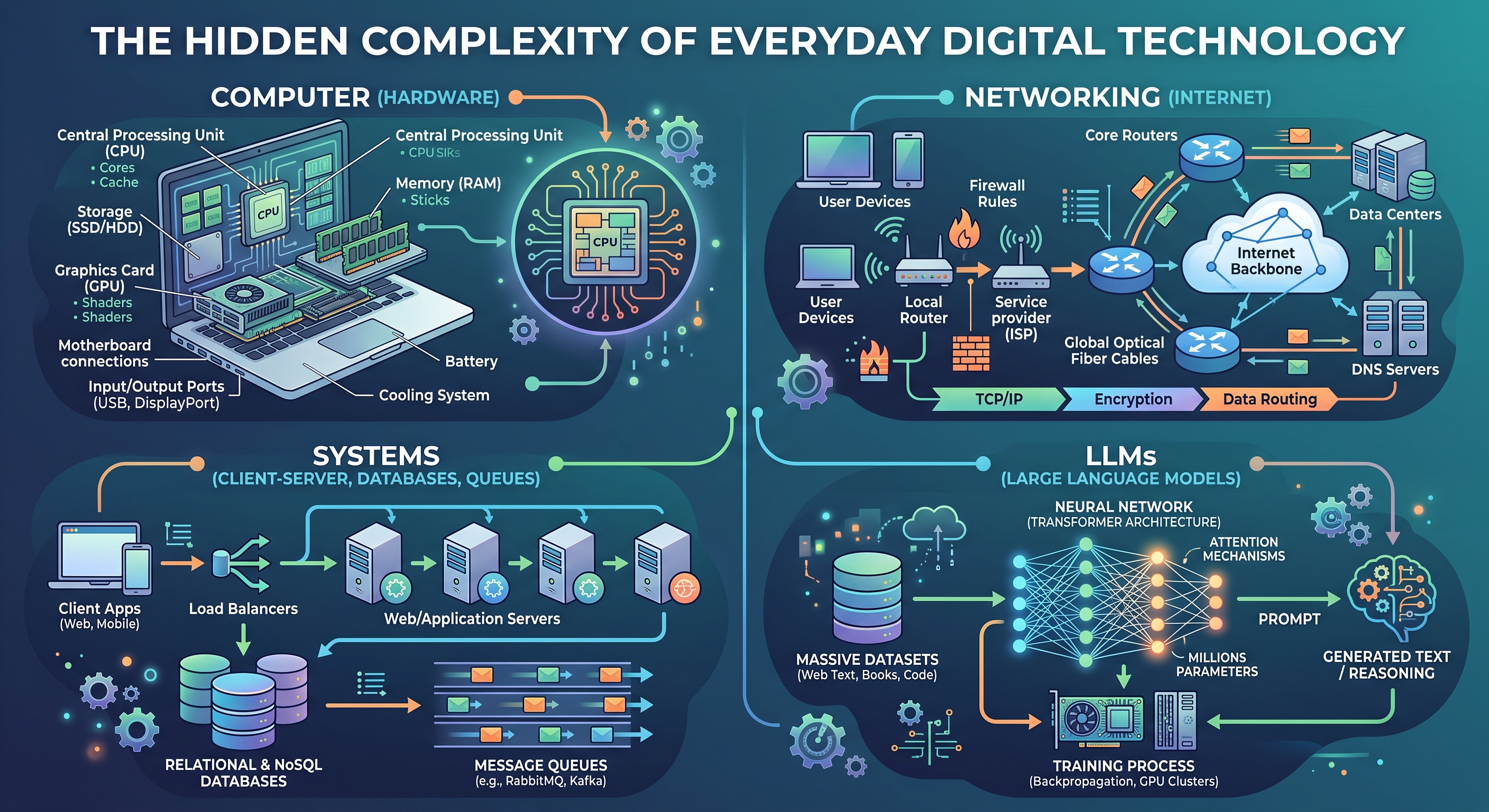 Diagram explaining the hidden complexity of everyday digital technology: computer, networking, systems, LLMs. image