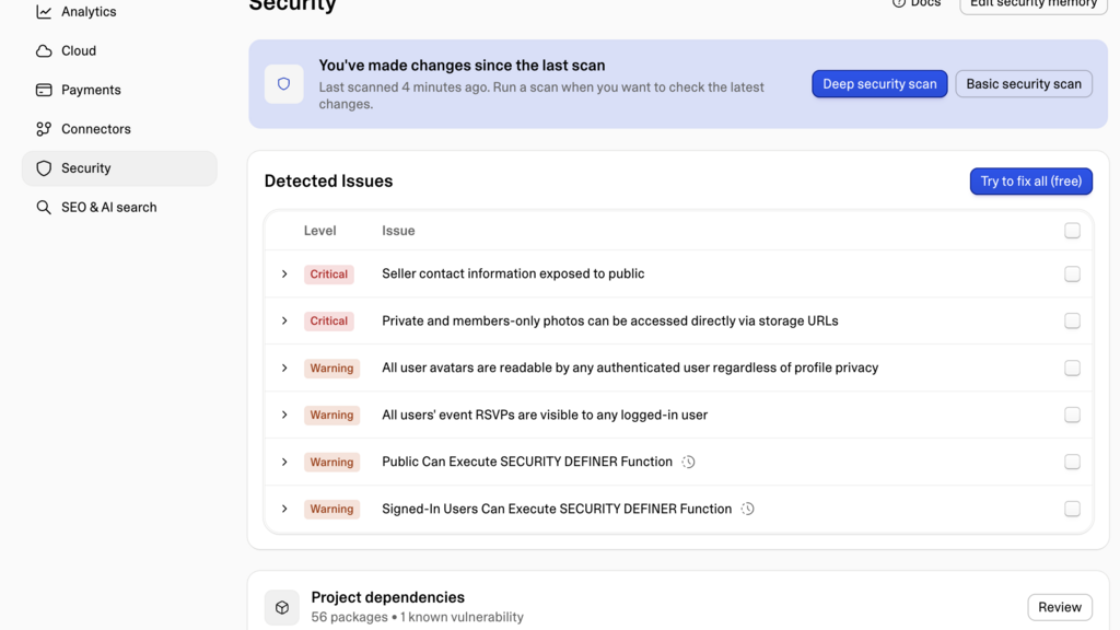 A list of detected security issues, critical and warnings that were highlighted by Lovable. image