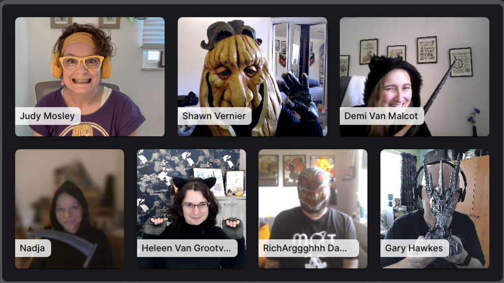 A video call screenshot featuring seven participants celebrating a Halloween-themed episode of This Week in Quality, ... image