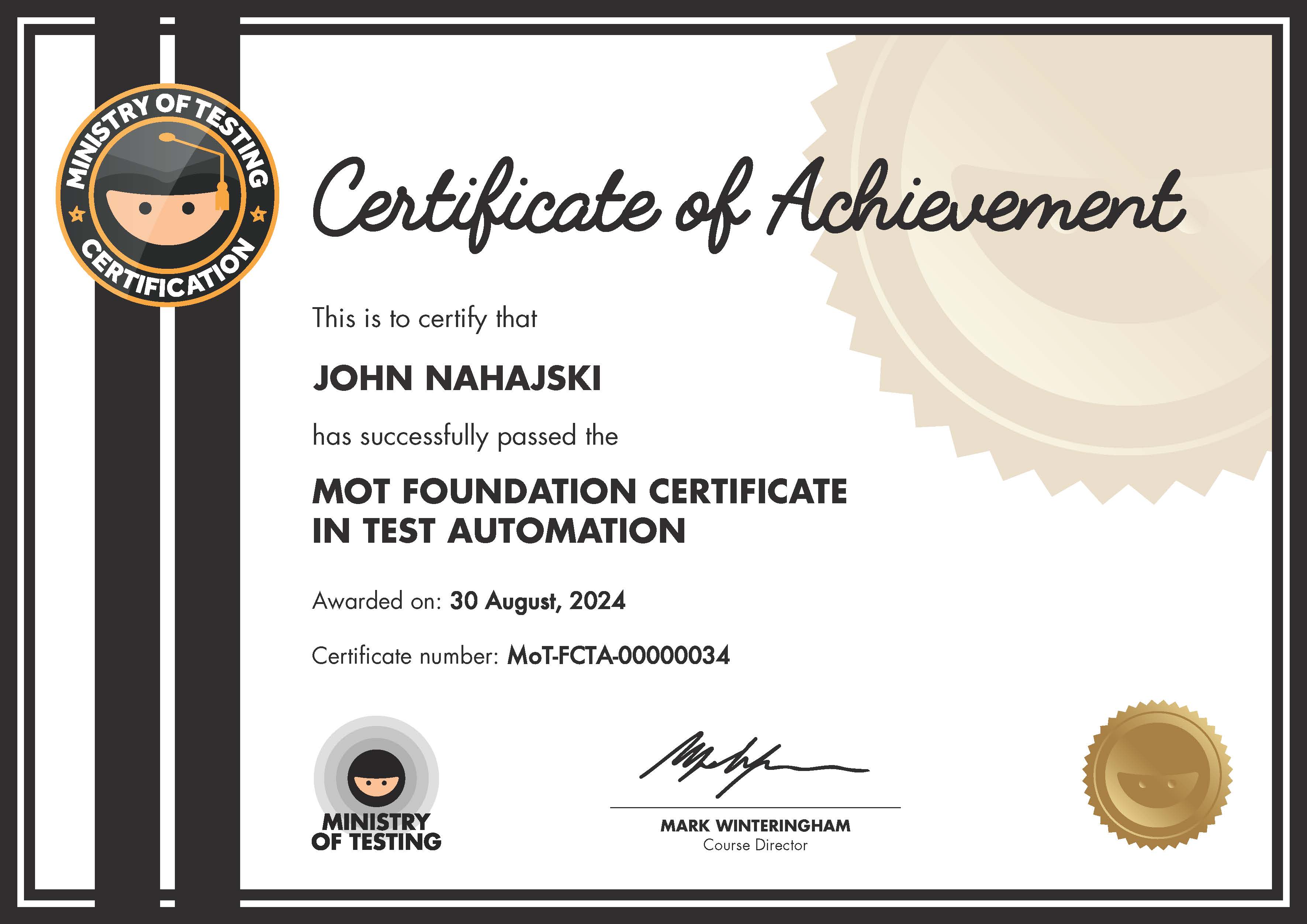 MoT Foundation Certificate in Test Automation certificate awarded to John Nahajski image
