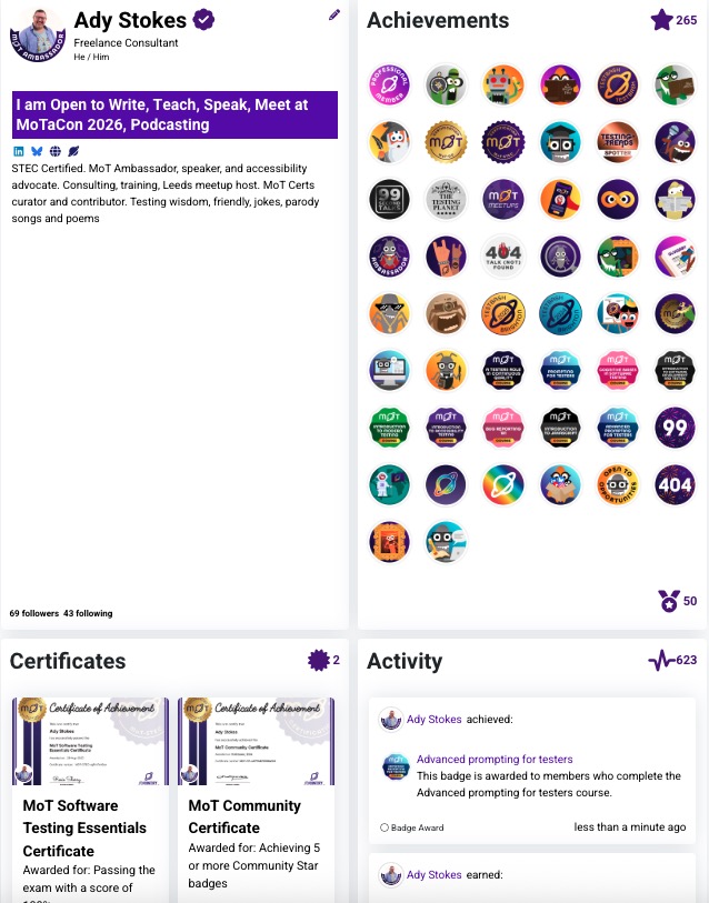Ady Stokes Ministry of Testing profile page shows 265 community stars and 50 badges earned. It also shows two certificates for software testing essentials and MoT community. 