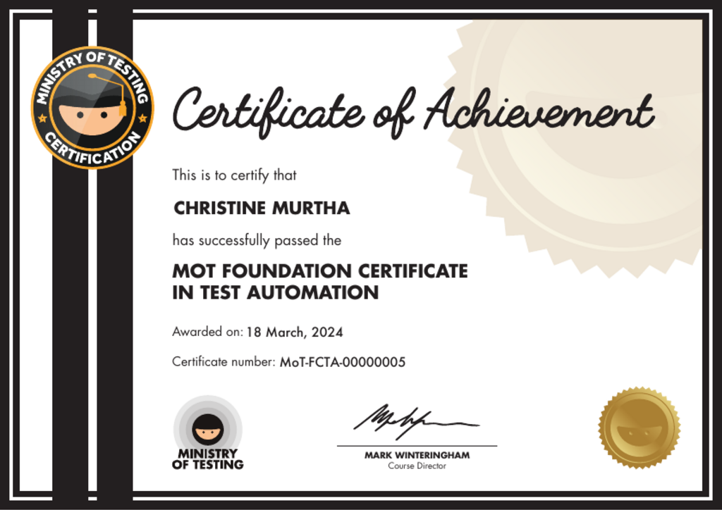 MoT Foundation Certificate in Test Automation certificate awarded to Christine Murtha image
