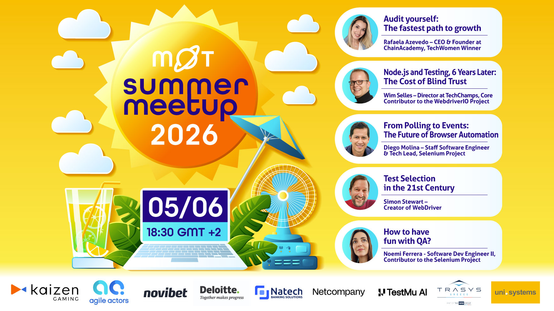 A bright, summer-themed event graphic for the MoT Summer Meetup 2026 on a yellow background with sun and cloud illust... image