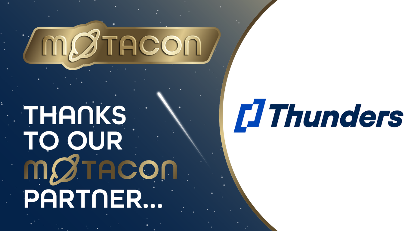 Promotional graphic featuring a starry space background on the left with a gold banner containing the MoTaCon logo at... image